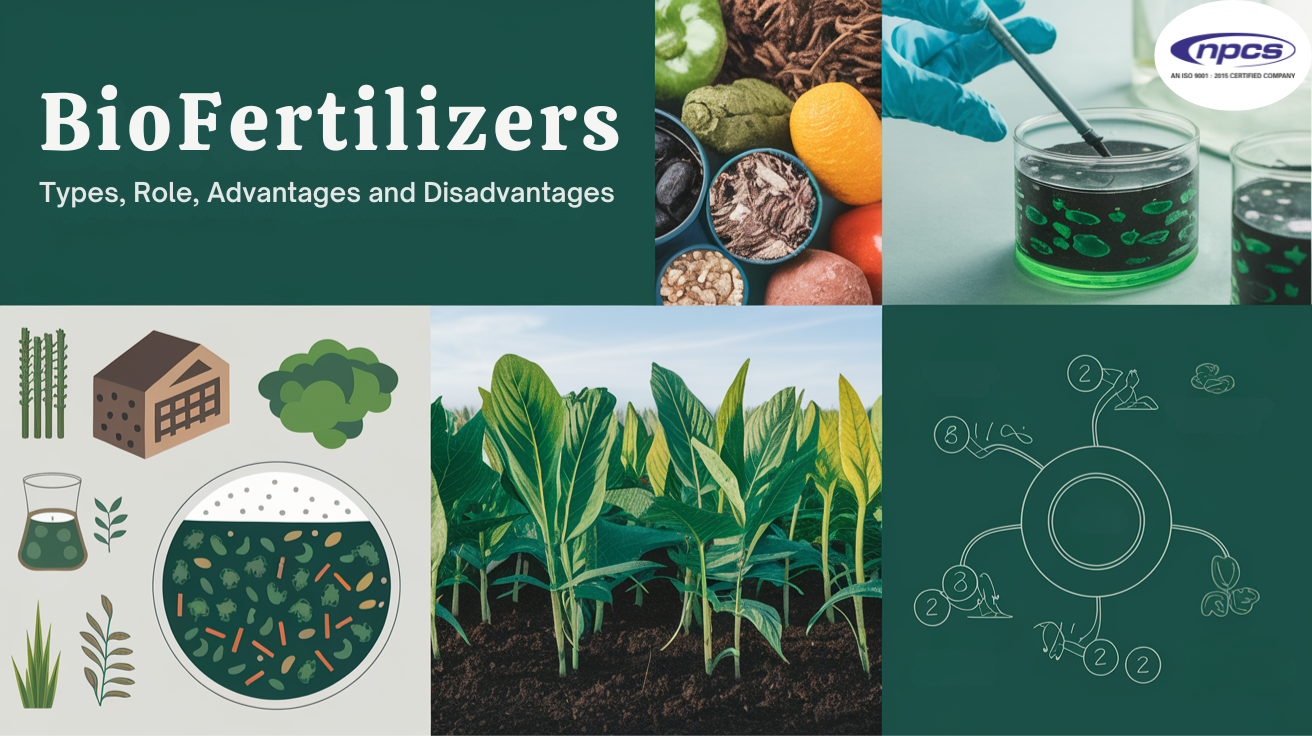 Showing " Biofertilizers: Types, Role, Advantages and Disadvantages" in text and images of plants in fields where biofertilizer has been added