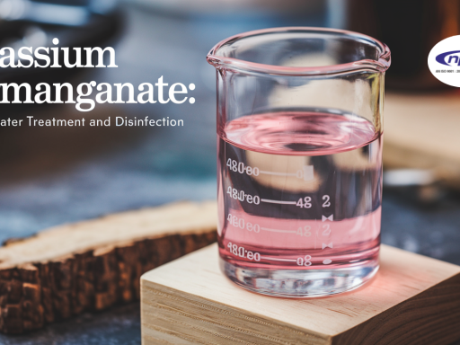 A beaker containing a pink solution of potassium permanganate on a wooden surface, with the text "Potassium Permanganate: Uses in Water Treatment and Disinfection" overlaid on the image.