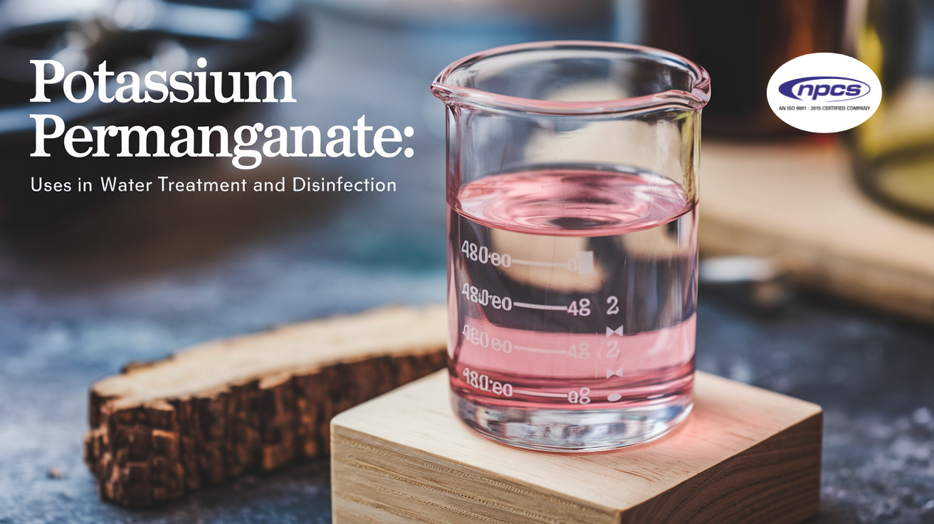 A beaker containing a pink solution of potassium permanganate on a wooden surface, with the text "Potassium Permanganate: Uses in Water Treatment and Disinfection" overlaid on the image.