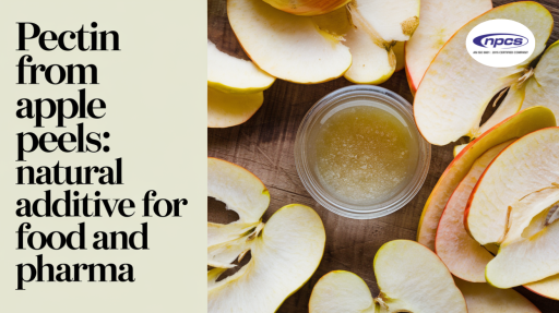 "A top-down view of a small glass bowl containing a gel-like substance, surrounded by freshly sliced apple peels on a wooden surface. The left side of the image features bold black text on a light beige background that reads: 'Pectin from apple peels: natural additive for food and pharma.' A logo for 'npcs' is positioned in the upper right corner."