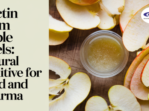 "A top-down view of a small glass bowl containing a gel-like substance, surrounded by freshly sliced apple peels on a wooden surface. The left side of the image features bold black text on a light beige background that reads: 'Pectin from apple peels: natural additive for food and pharma.' A logo for 'npcs' is positioned in the upper right corner."