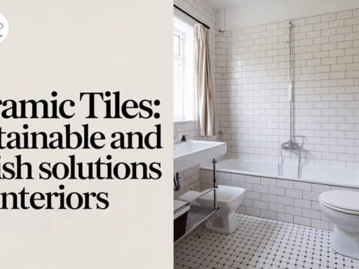 A modern bathroom with white ceramic tiles on the walls and floor, featuring a bathtub, sink, and toilet. Text highlights sustainability.