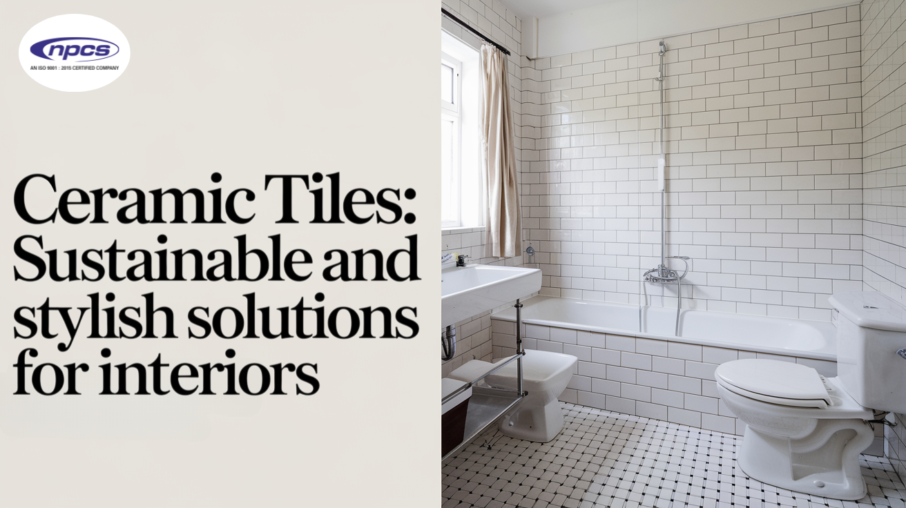 A modern bathroom with white ceramic tiles on the walls and floor, featuring a bathtub, sink, and toilet. Text highlights sustainability.