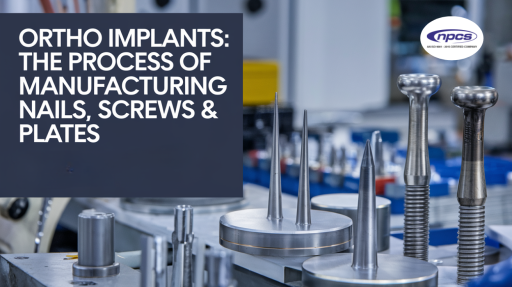 An industrial setting showcasing the manufacturing process of ortho implants, including metallic screws, nails, and plates, with precision machinery.