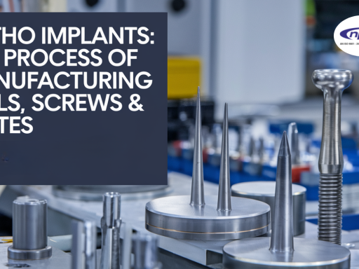 An industrial setting showcasing the manufacturing process of ortho implants, including metallic screws, nails, and plates, with precision machinery.
