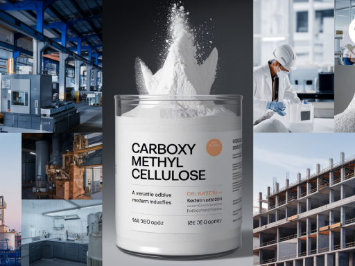 A digital collage showcasing Carboxy Methyl Cellulose (CMC) and its industrial applications. The center features a jar of CMC powder with a dynamic splash effect. Surrounding images depict industries such as pharmaceuticals, construction, manufacturing, and laboratories, emphasizing CMC’s versatility. The "NPCS" logo in the top-right corner indicates an ISO-certified company.