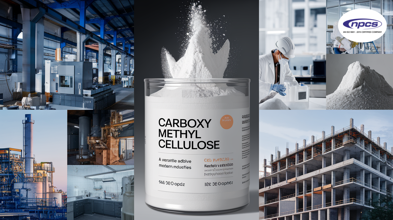 A digital collage showcasing Carboxy Methyl Cellulose (CMC) and its industrial applications. The center features a jar of CMC powder with a dynamic splash effect. Surrounding images depict industries such as pharmaceuticals, construction, manufacturing, and laboratories, emphasizing CMC’s versatility. The "NPCS" logo in the top-right corner indicates an ISO-certified company.