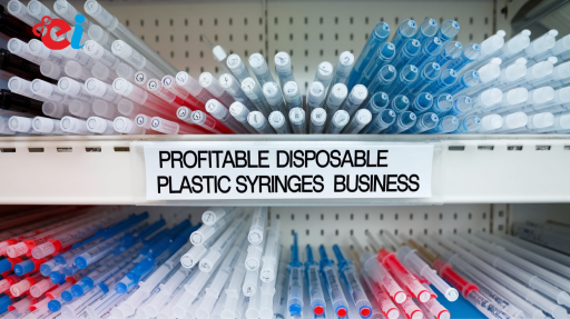 Manufacturing process of disposable plastic syringes in a factory