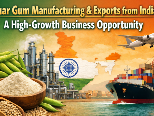 Diagram showing the guar gum manufacturing process from seeds to derivatives for export.”