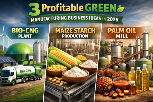 Bio-CNG plant producing renewable fuel from organic waste as a green manufacturing business in 2026.