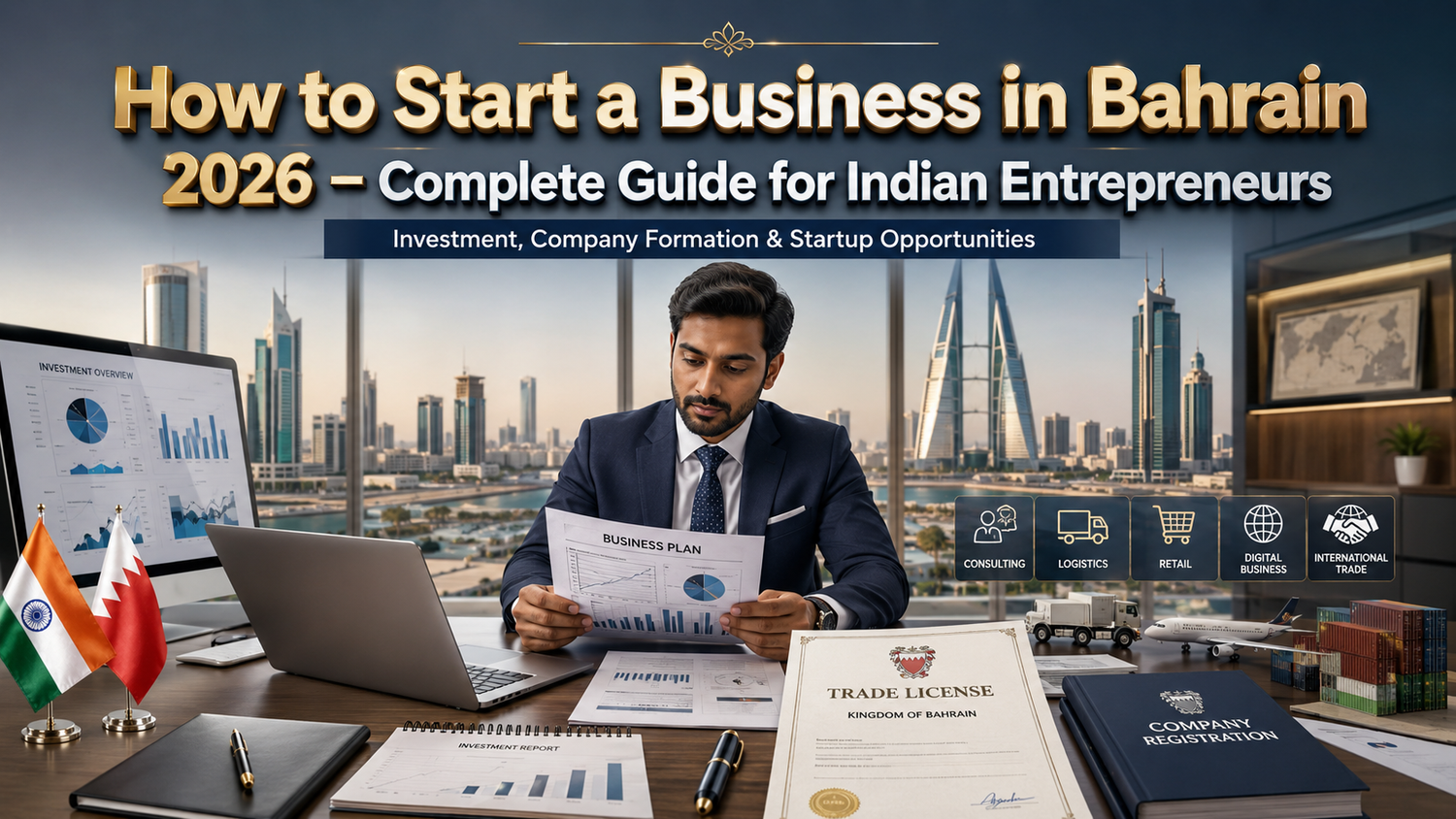 Start a business in Bahrain for Indians skyline view of Manama financial district