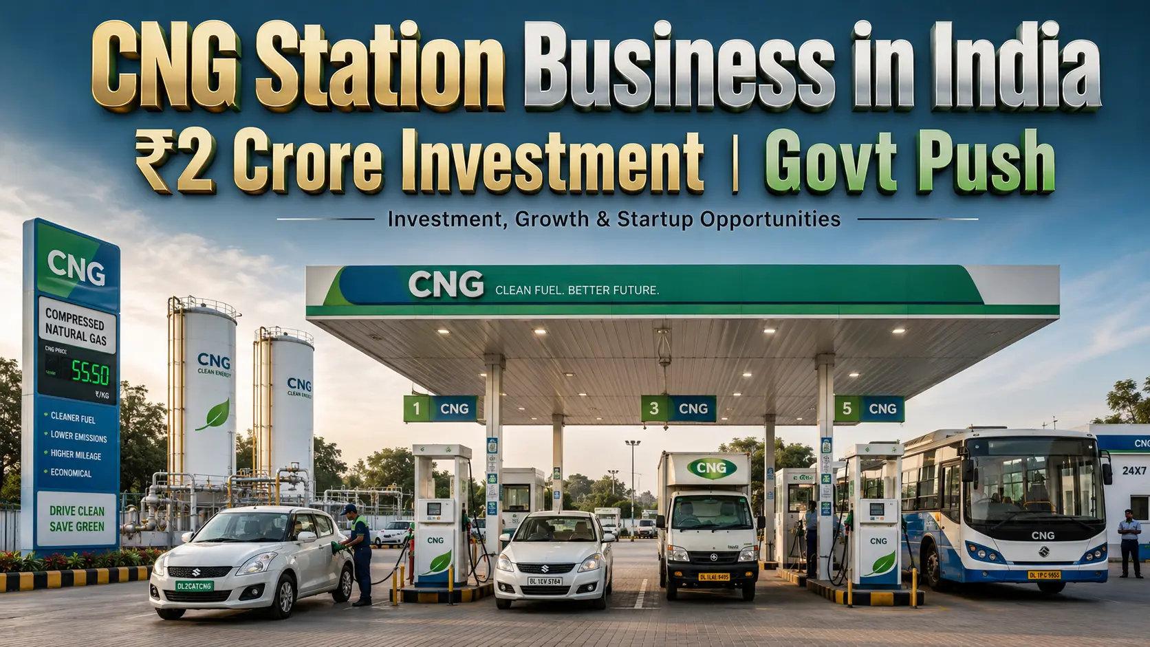 CNG station business in India showing fuel dispensing pump and vehicles refueling