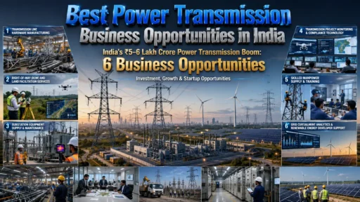 Power Transmission Business Opportunities in India with transmission towers and electrical grid infrastructure