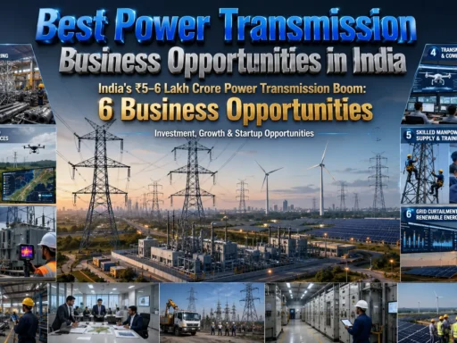 Power Transmission Business Opportunities in India with transmission towers and electrical grid infrastructure
