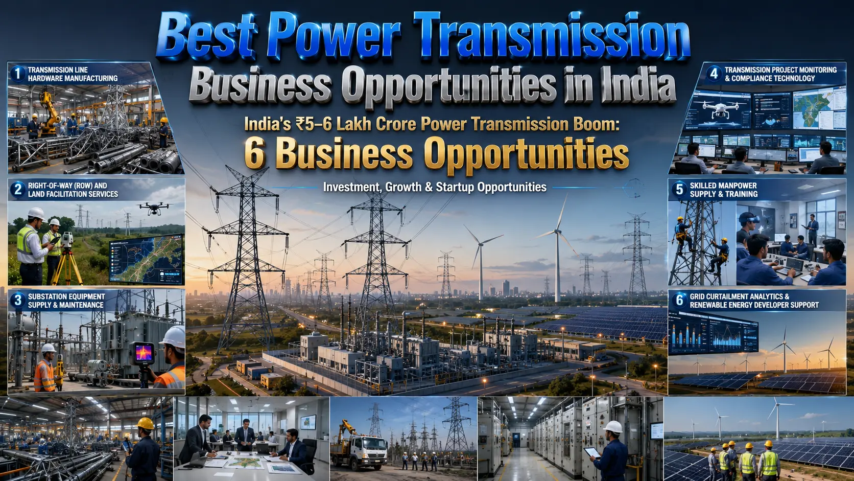 Power Transmission Business Opportunities in India with transmission towers and electrical grid infrastructure