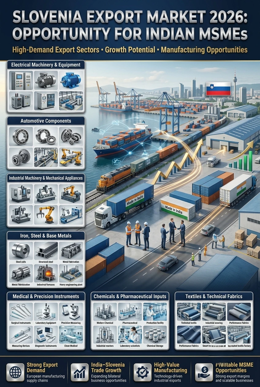 Slovenia Export Market 2026 showcasing export opportunities for Indian MSMEs, engineering manufacturers, and exporters entering the European market through Slovenia.