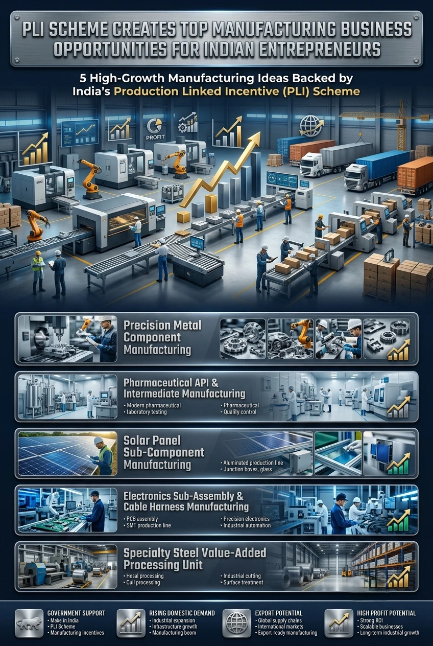 An overview of manufacturing business opportunities emerging from India’s Production Linked Incentive (PLI) Scheme across solar PV modules, pharmaceuticals, automobiles, electronics and specialty steel sectors.