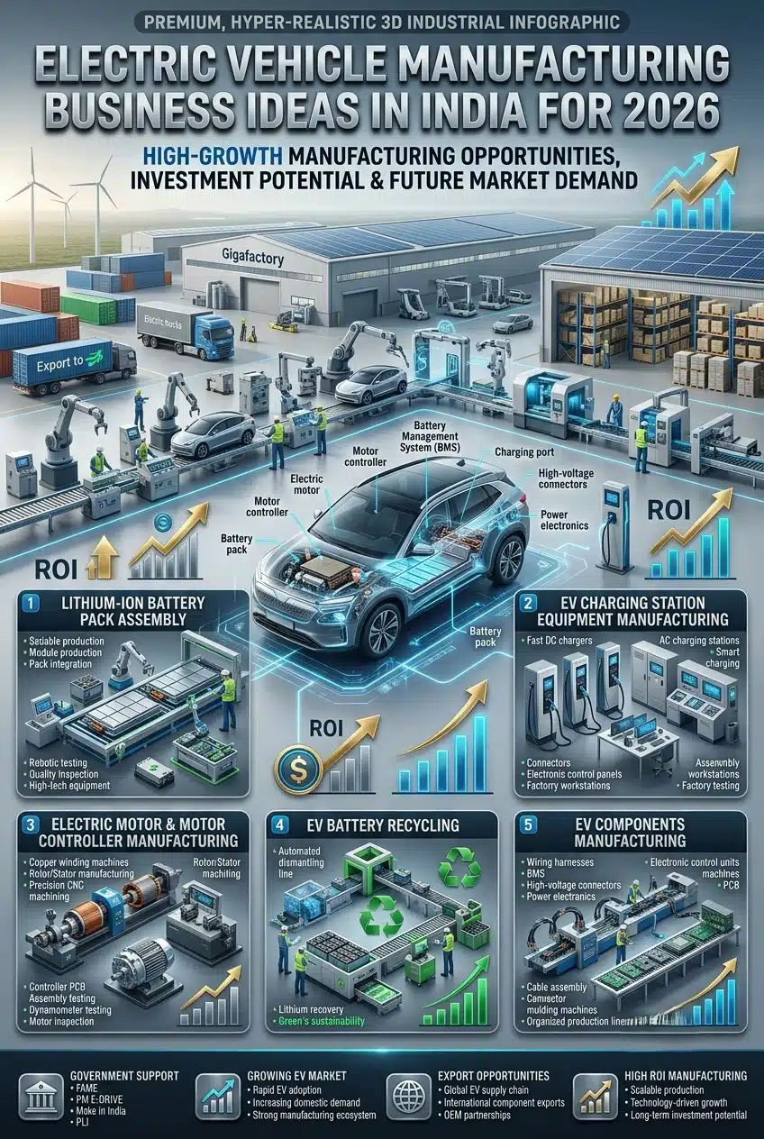 EV manufacturing business ideas in India including battery packs, charging equipment and EV components