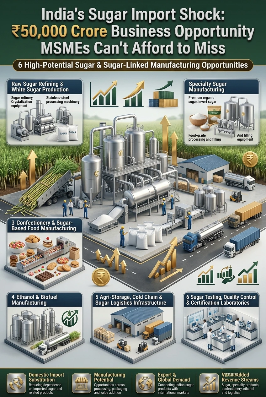 An illustrative image showing India's sugar import shock, duty-free raw sugar imports, sugar processing, refining, specialty sugar manufacturing and emerging MSME business opportunities in the sugar industry.