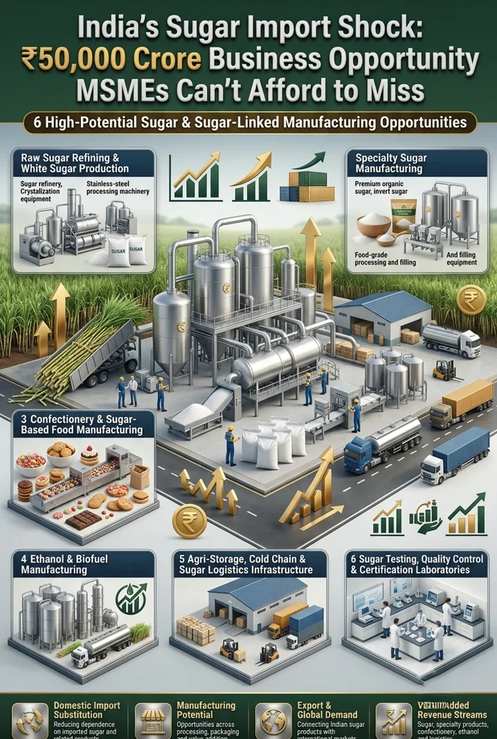 An illustrative image showing India's sugar import shock, duty-free raw sugar imports, sugar processing, refining, specialty sugar manufacturing and emerging MSME business opportunities in the sugar industry.