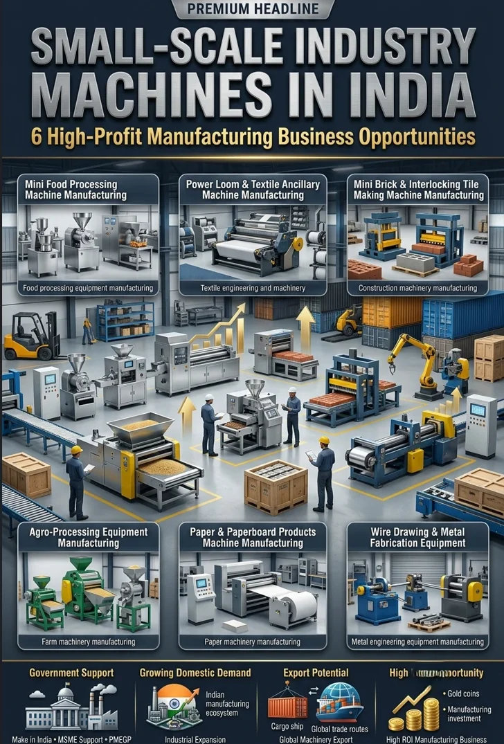 Small scale industry machines used for manufacturing food processing, textile, agro-processing, paper products, and construction equipment in India