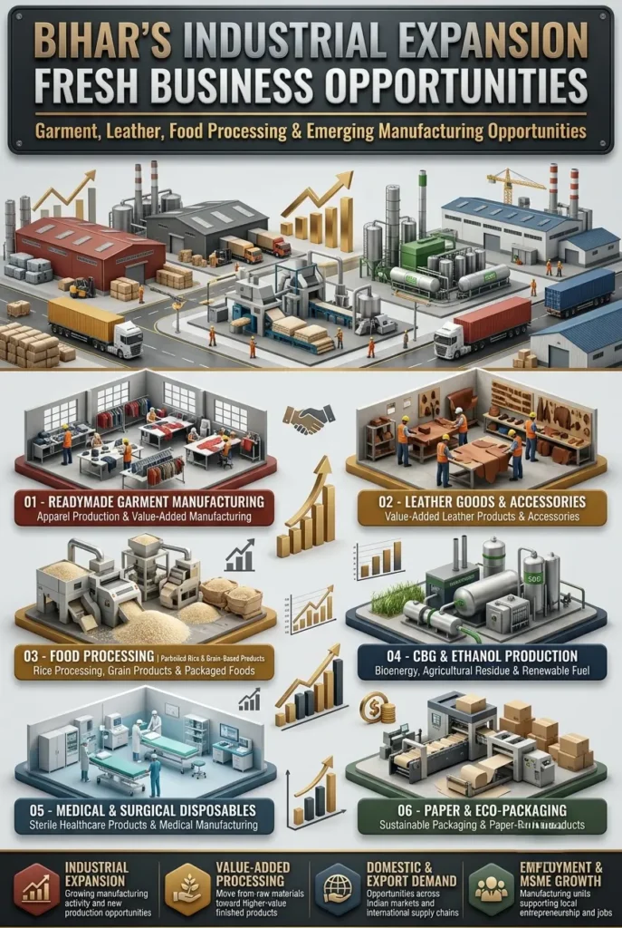 Bihar manufacturing business opportunities in garment leather and food processing