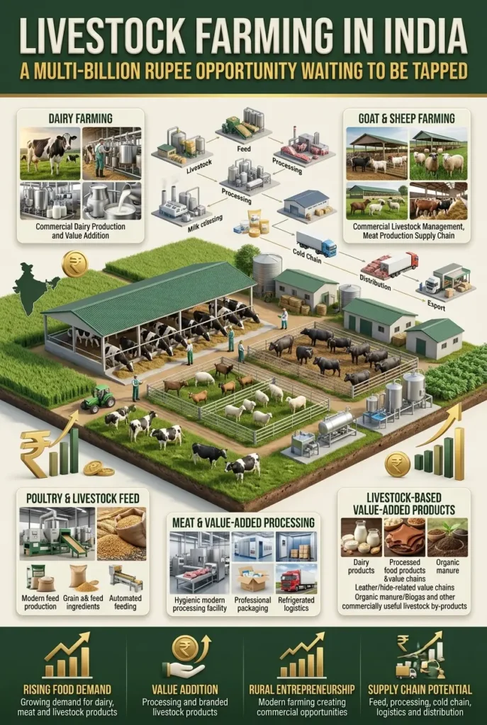 Livestock Farming in India with goat, sheep, poultry, fish, pig and rabbit farming