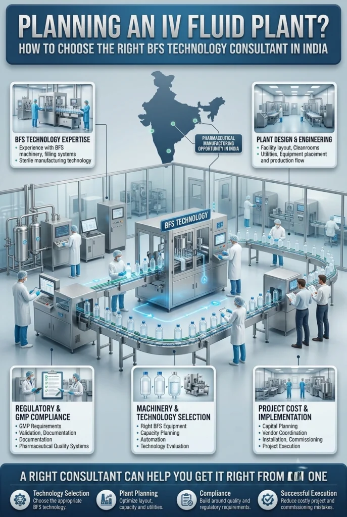 Professional IV Fluid Plant Consultant in India providing guidance on BFS technology, LVP and SVP manufacturing, plant layout, machinery selection, DPR preparation, feasibility studies and CDSCO Schedule M compliance.